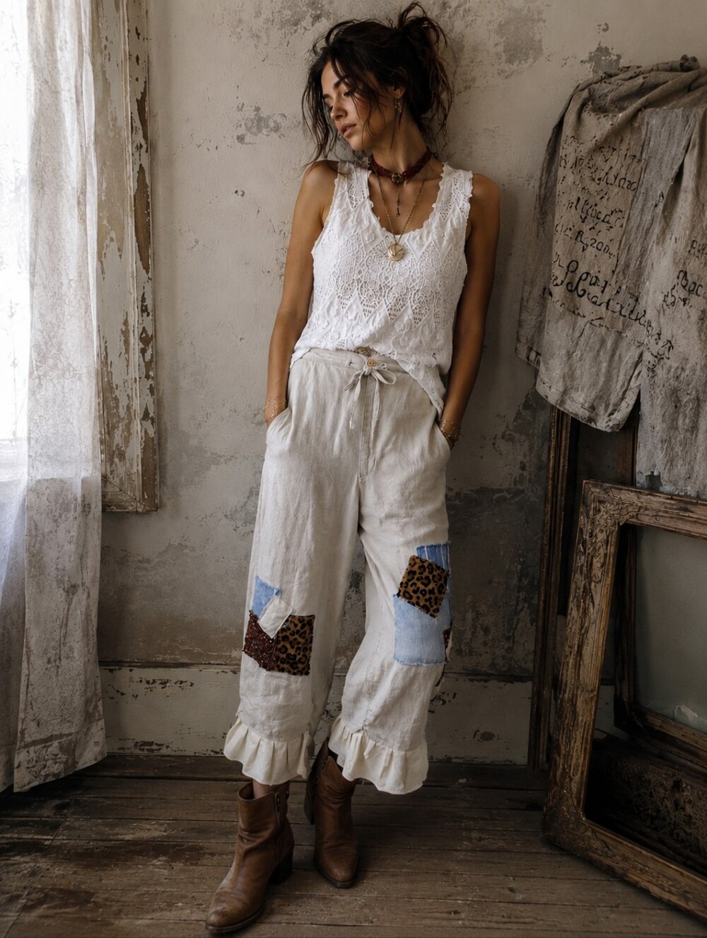 Boho Upcycled Linen Patchwork Ruffle Bloomer Pants Cottagecore Artisan Pants 1X